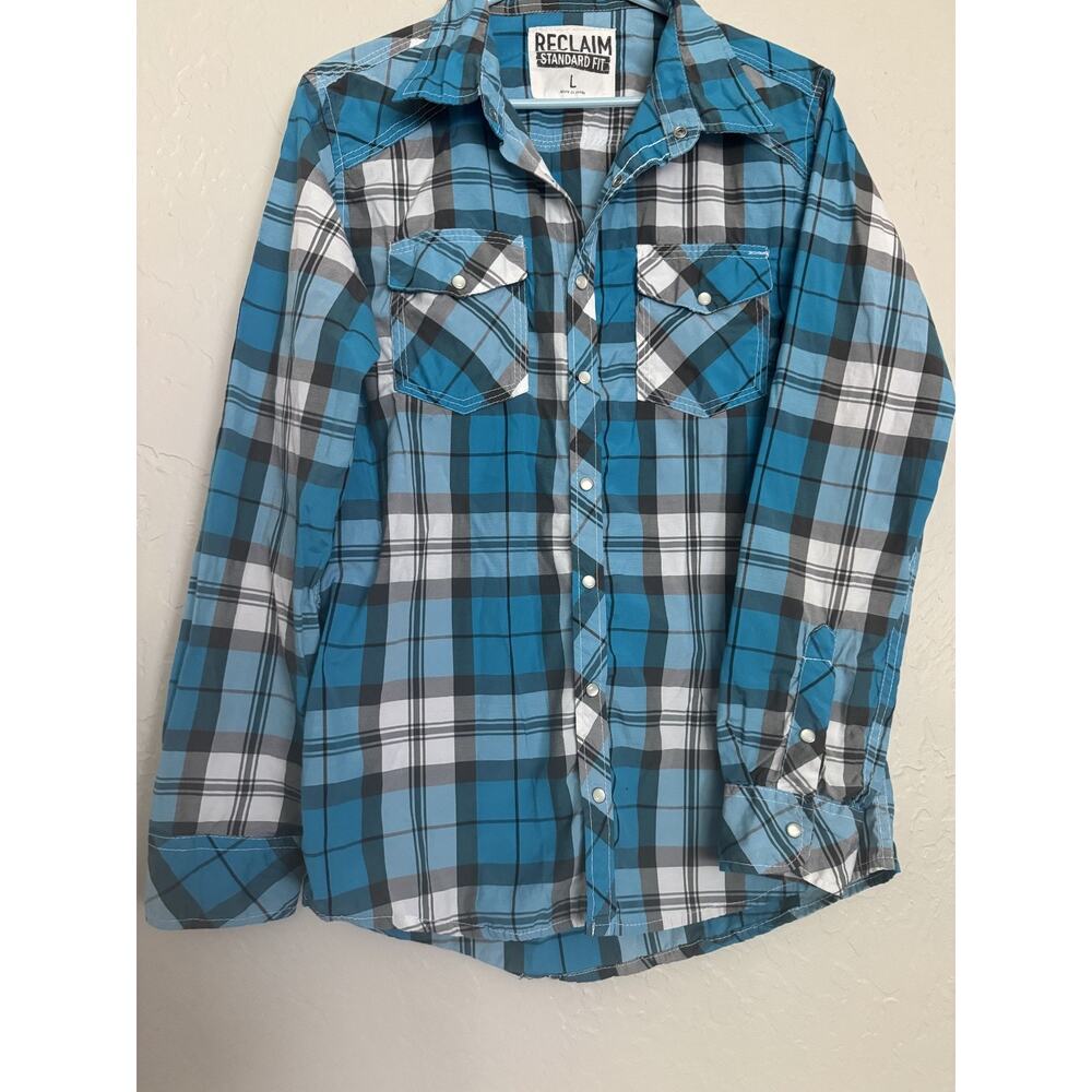 Reclaim Tailored Plaid Button-Up Shirt Blue White Woven Men’s Size L